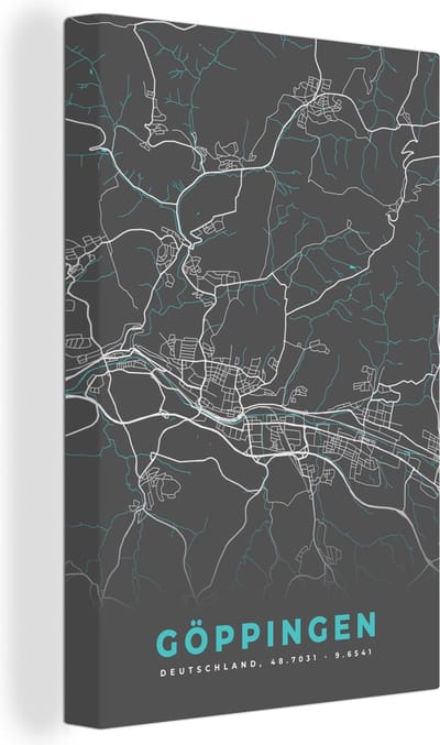 Canvas Schilderij Blauw – Duitsland – Plattegrond – Stadskaart – Kaart – Göppingen - 20x30 cm - Wanddecoratie