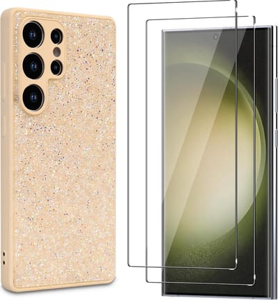 Casemania Hoesje & Glas Geschikt voor Samsung Galaxy S25 Ultra - Goud - Diamant Glitter Back Cover & 2x Glazen Screenprotector