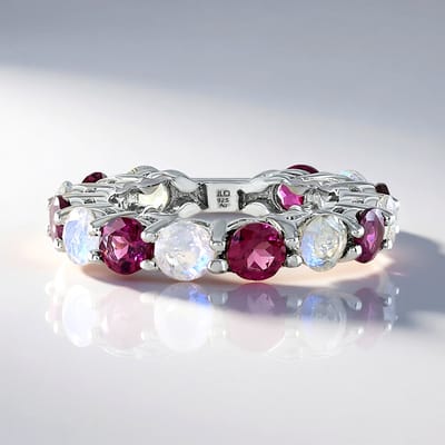 Cavill - Zilveren ring met regenboog maansteen & rhodoliet - 925 Sterling Zilver - 3,6 ct - Ronde edelstenen - Kleurrijke damesring met prong zetting