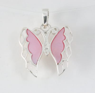 Fijne zilveren vlinder hanger met roze parelmoer