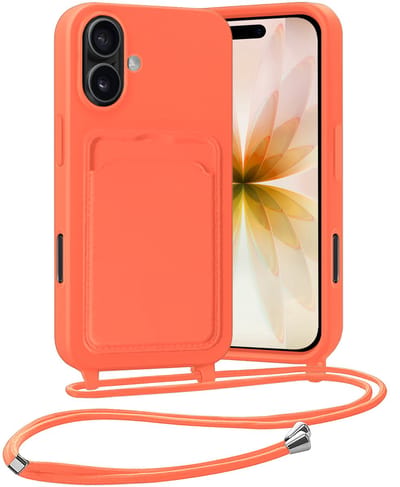 Hoesje Geschikt voor iPhone 17 Hoesje Met Telefoonketting Pasjeshouder Case Koord - Hoesje Geschikt voor iPhone 17 Hoes Met Kaarthouder - Papaya