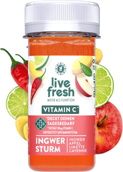 LiveFresh gembershot met vitamine C – koudgeperste gembershots zonder toevoegingen – gemaakt met gember, appel & cayennepeper – 8x60ml