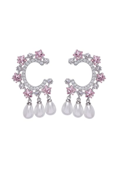 AVANT-GARDE PARIS Diva Oorknopjes - Roze - C-vormige Hangoorbellen - Metaal Met Kristallen - Rhodium Plated - Voor Volwassen Vrouwen