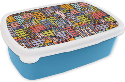 Broodtrommel Blauw - Lunchbox - Brooddoos - Huis - Regenboog - Patroon - 18x12x6 cm - Kinderen - Jongen