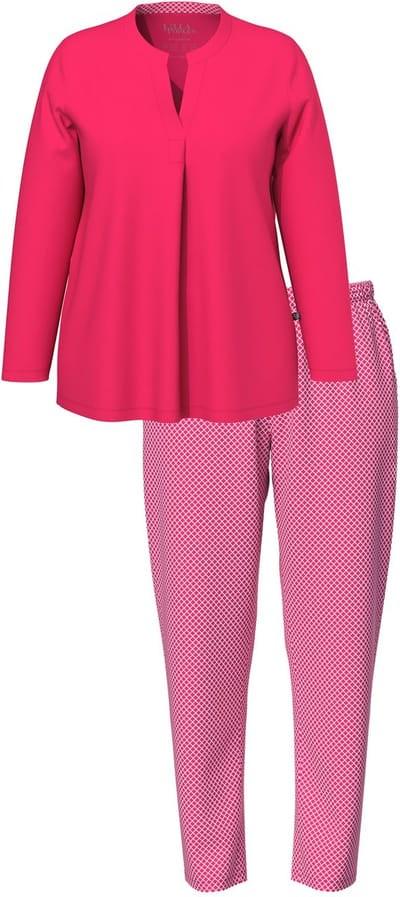 Ulla Popken - Dames - Pyjama patroon ronde hals lange mouwen - Magenta - Maat 42+
