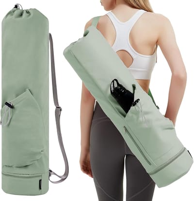 Famanu Yogamattas groot met verstelbare draagriem, pilatestas met flessenzak en nat vak, Groen