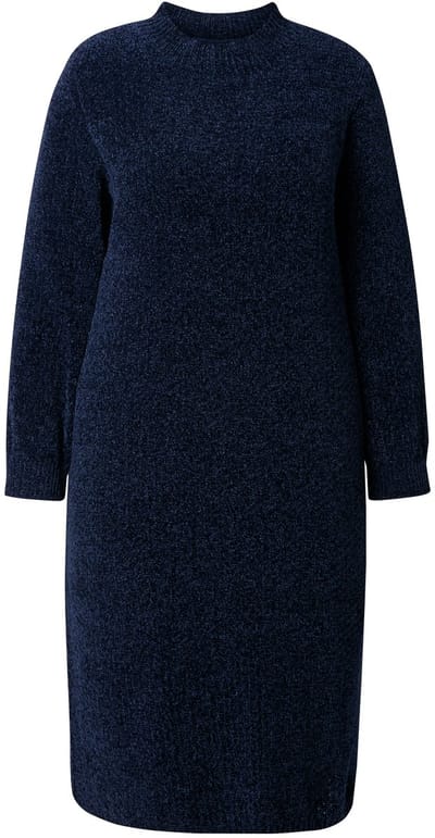 Ulla Popken - Dames - Chenille midi-jurk wijde opstaande kraag lange mouwen - Inktblauw - Maat 46+
