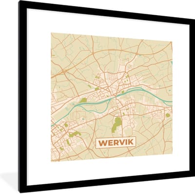 Fotolijst incl. Poster - Plattegrond - Retro - Kaart - Wervik - Stadskaart - 40x40 cm - Posterlijst