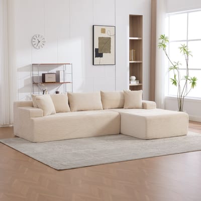 Modulaire compressiebank met chaise longue - Beige Chenille stof - Wolkachtig comfort - Gevuld met 30D hoog-elastisch schuim, antislipbodem, inclusief kussen - Geschikt voor woonkamer, slaapkamer en thuiskantoor