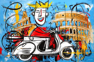 John Joseb Art (Aluminium) 120x80 | Scooter voor Colosseum in Rome, abstract, Herman Brood stijl, kleurrijk, Italie, kunst, bruin, rood, geel, blauw, modern | foto-schilderij op dibond, metaal wanddecoratie