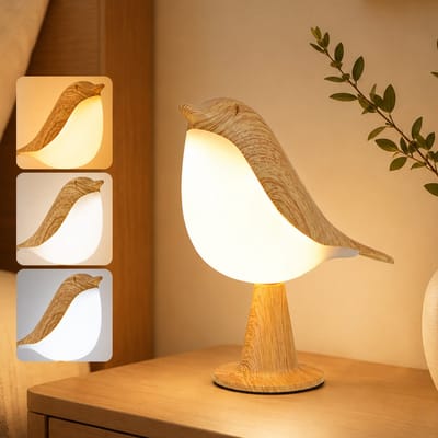 Rosnek Draagbaar Vogel Nachtlamp Kinderkamer - Oplaadbare LED Tafellamp met Aanraaksensor - 3 Lichtstanden - Snoerloos - Kleur: Houtnerf - 1 Stuk