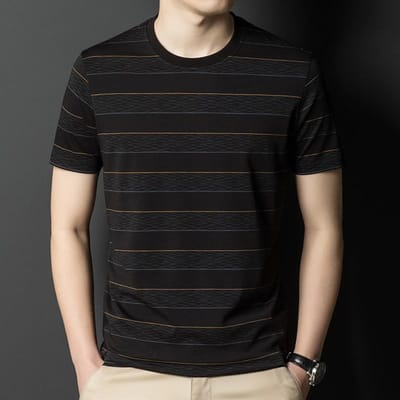 Kortmouwig Gestreept Ronde Hals Trendy T-shirt voor Heren, Zomer Koreaanse Stijl Nieuwe Casual Knappe Top voor Jonge en Middelbare Leeftijd XXXL black