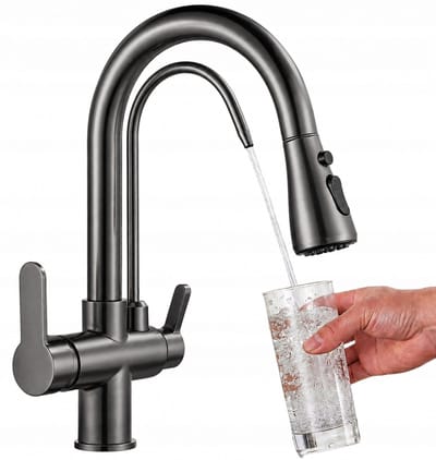 3-Weg Keukenkraan met Uittrekbare Spuit & Waterfilter Aansluiting - Grijs