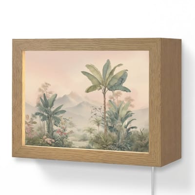 Wandlamp 20x15 cm - Oplaadbaar - Tropisch landschap - palmbomen - Bloemen - Roze lucht - Wandlampen binnen woonkamer - Slaapkamer lamp met kabel - Decoratieve nachtlamp - Vloerlamp snoer