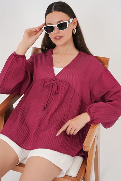 Gestructureerde Seersucker V-hals Blouse met Strikje