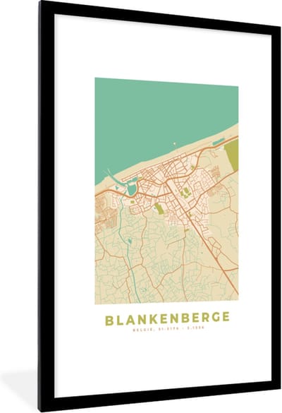 Fotolijst incl. Poster - Plattegrond - België - Kaart - Vintage - Blankenberge - Stadskaart - 80x120 cm - Posterlijst