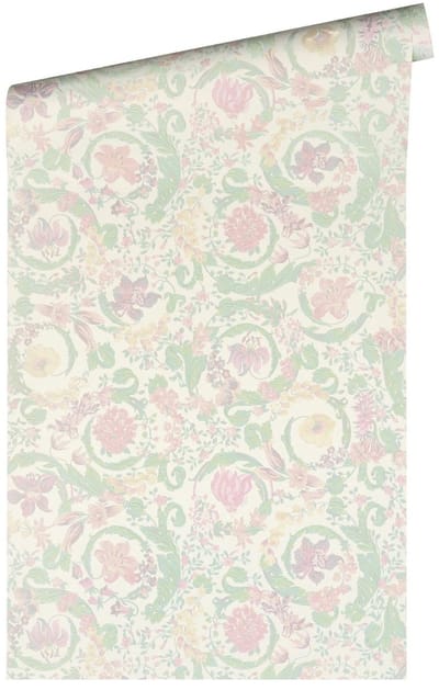 SATIJN GLANZENDE KLASSIEKE BLOEMEN BEHANG | Design - munt roze wit groen - A.S. Création Versace 5