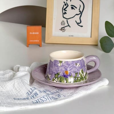 Medium Stijl Keramische Koffiekop Schotel Paars Afternoon Tea Kop Mok Paarse Iris Kop Schotel Geschenkdoos 260ML gray