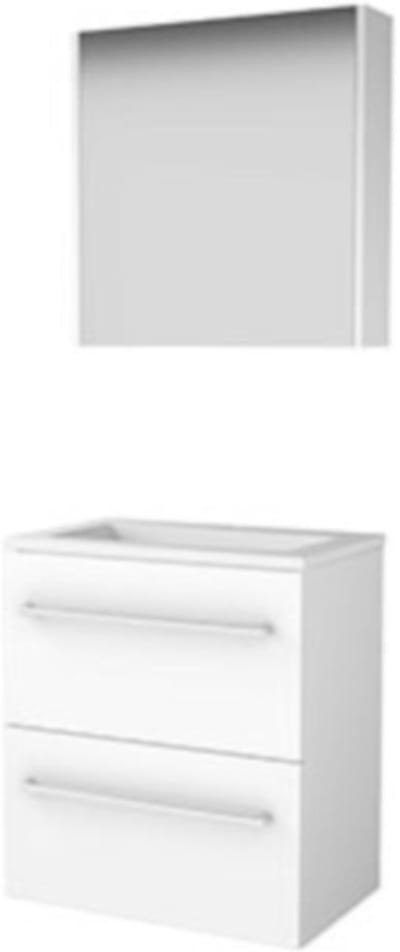 Basic-Line Comfort 39 Badkamermeubelset - Ondiep - 60 x 39 cm - Met Grepen - 2 Lades - Acryl Wastafel - 1 Kraangat - Spiegelkast - Ice White