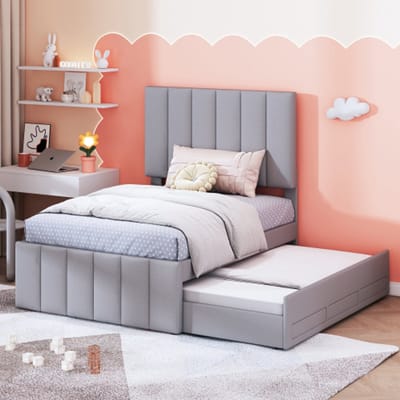 Zubaliya Eenpersoonsbed - 90x200 cm Grijs - Linnenstof - Uitrolbed - Opbergschubladen