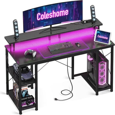 Gaming Bureau - Computerbureau met LED Verlichting, Monitorstandaard, USB-poorten en Stopcontacten - Ergonomisch Bureau voor Gaming, Thuiswerken en Studie - PC Bureau - Werkbureau - Zwart