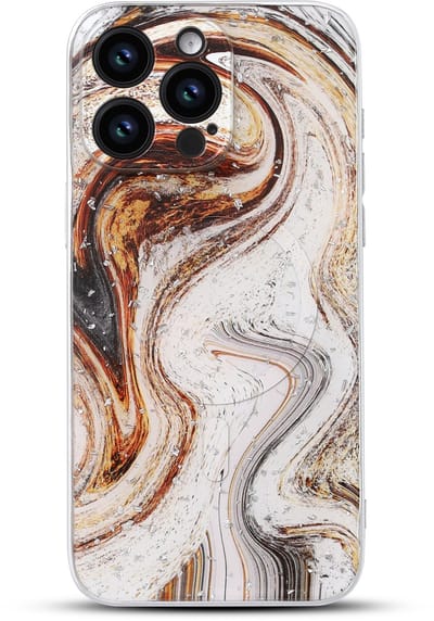 Casemania Hoesje Geschikt voor Apple iPhone 12 Pro - Wit en Bruin - Marmer Glitter Back Cover met Camera Bescherming - Geschikt voor MagSafe