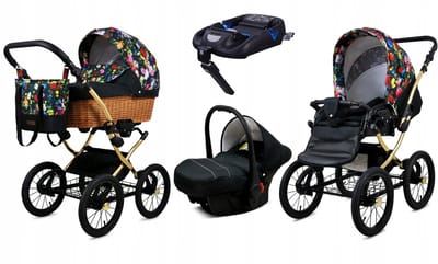 BabyLux® Kinderwagen 4in1 - CLASSIC GOLD - GARDEN FLOWERS SILVER FRAME - Opklapbare Wandelwagen incl. Reiswieg, Multifunctionele Buggy Sportstoel, Autostoel, ISOFIX basisstation - Combi-kinderwagen met Luiertas, Regenhoes, Klamboe