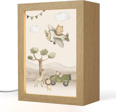 Nachtlampje 15x20 cm - Kinder lampje - Wilde dieren - Safari - Pastel kleuren - Watercolor - Vliegtuig - Tafellamp kinderkamer - Slaapkamer lamp - Bedlamp kinderen - Kinderlampje stopcontact - Wandlamp babykamer - Nachtlampjes