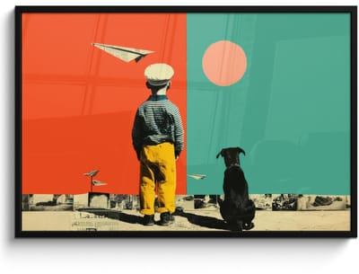 Poster in lijst - Fotolijst 120x80 cm - Posters - Retro - Jongen - Hond - Rood - Groen - Posterlijst zwart - Decoratie - Wanddecoratie woonkamer - Muurdecoratie slaapkamer