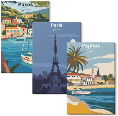 Wallfluent Set van canvas schilderijen - Uitzichten op kuststeden en hun architectuur Canvas Schilderijen Set - set 3 stuks 20x30 cm - Veelkleurig Set van Canvas Prints - Steden Canvas Kunst Set - Boheemse Canvas Kunst Set