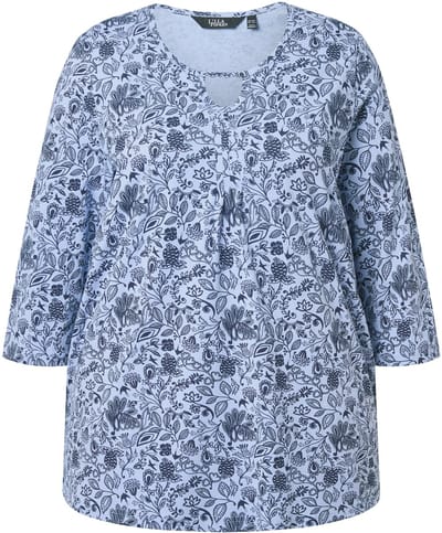 Ulla Popken - Dames - Shirt bloemen A-lijn ronde hals 3/4-mouw - Lichtblauw - Maat 42+