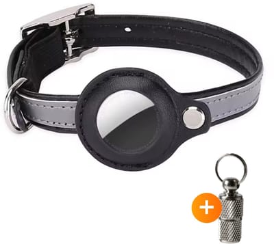 ACE PETS - Kattenhalsband met houder - Geschikt voor AirTag - Veilig - Reflecterend - Verstelbaar - met adreskoker - Waterbestendig - Zwart - S: 23.5-30.5 CM
