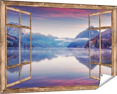 Gards Tuinposter Doorkijk Meer in de Bergen - 150x100 cm - Tuindoek - Tuindecoratie - Wanddecoratie buiten - Tuinschilderij