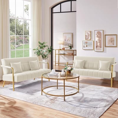 2-zits Bank 143,5 x 71,5 cm - Gestoffeerde Loveseat met Armleuningen, 2 Lendenkussens, Metalen Poten, Moderne Sofa voor Woonkamer en Kantoor - Beige - Vermissen