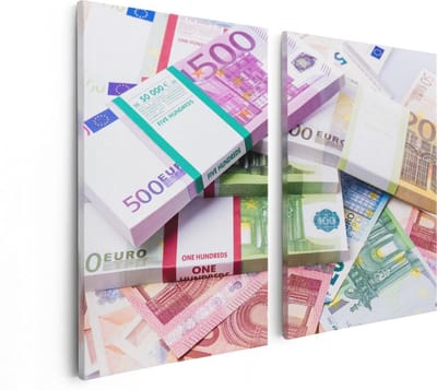 Artaza Canvas Schilderij Tweeluik Euro Geld Briefjes - Stapels  - 80x60 - Foto Op Canvas - Canvas Print