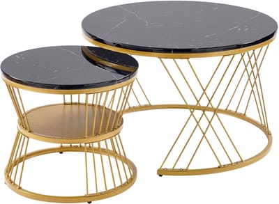 Nesting Salontafel-Ronde Salontafel Set van 2-Ruimtebesparend-Hoogglans Marmerlook-30kg Draagkracht – Woonkamer – 70x70x45cm-Zwart Goud
