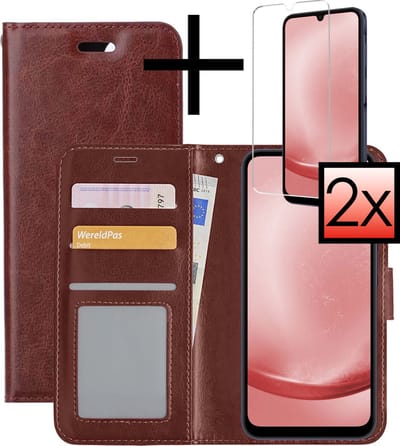 Hoesje - Met 2x Screenprotector - Geschikt voor Samsung Galaxy A25 - Luxe Pasjeshouder - Bookcase Portemonee - Flip Case - Kunstleer Book Case - Flipcase Hoes - Book Cover - Walletcase - Portemonneehoes - Bruin