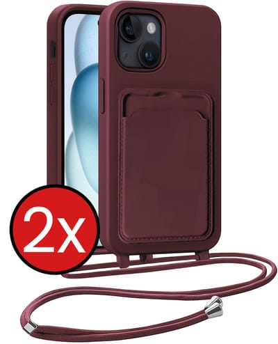 Hoesje Geschikt voor iPhone 15 Plus Hoesje Met Telefoonkoord en Pasjeshouder Siliconen - Hoes Geschikt voor iPhone 15 Plus Hoesje Met Kaarthouder Case - Aubergine - 2 PACK