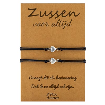 Vriendschapsarmbandjes voor 2 "Zussen voor altijd" - Kleine Hartjes - BFF Armbandjes met Cadeau Kaartje - Zwart & Zilverkleurig - Elastisch Verstelbaar - Pax Amare