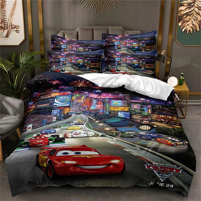 Parures de lit Dessins Animés Voitures Avec 1/2 Taies d'Oreiller, Housse de Couette Lightning Mcqueen Literie pour Garçon Linge de Lit Cadeau pour Enfants Garçons 70x133cm 2pcs black