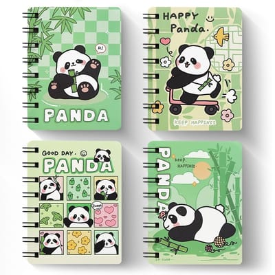 Dailygoods- Spiraalboek A7 - 4 stuks - Panda Notitieboeken - Spiraalbinding - Hardcover - Ideaal voor school/thuis - Comfortabel papier - Notitieboek