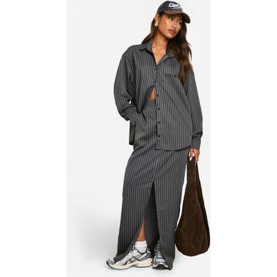 boohoo Dames Maxi-rok met gespleten voorkant in streeppatroon | Charcoal | Maat: 6