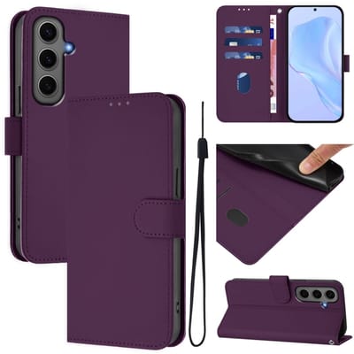 Telefoonhoesje van effen leer met een natuurlijke textuur en draagkoord voor Samsung Galaxy S24+ 5G (paars)