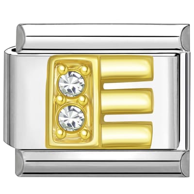 Quiges - Schakel - Bedel - 9mm - charms - Goud - Zirkonia - alfabet - letter E - Geschikt voor - armband - Schakelarmband - italy bedels armband