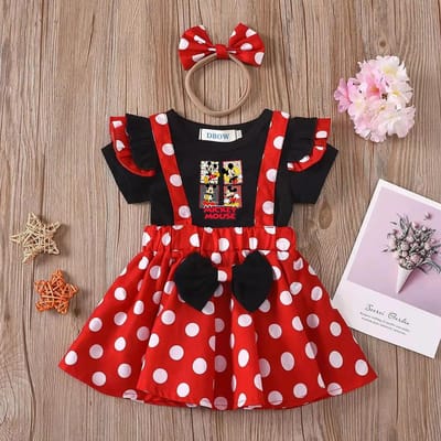 Ensemble 2 pièces Mickey Minnie Mouse Tenue Enfant Bébé Filles Été Soirée Enfants Pois Hauts Jupe Robe Cosplay avec Bandeau Nœud 110 (3-4Y) black