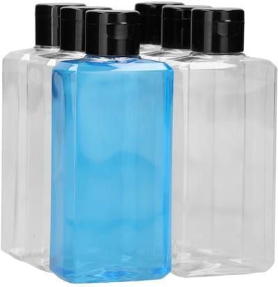 6 x 250 ml moderne rechthoekige fles PET transparant + Klepdop zwart - PET Kunststof BPA-vrij - Plastic Flessen Navulbaar - Met Dop - Lege Flessen - 6 stuks