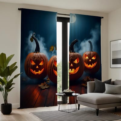 2-delige set HD Halloween Maanverlichte pompoen Geest gordijn Blauwe stropdas digitaal bedrukt gordijn Woondecoratiestijl Versier woonkamer be W52H63inchW132H160cm gray