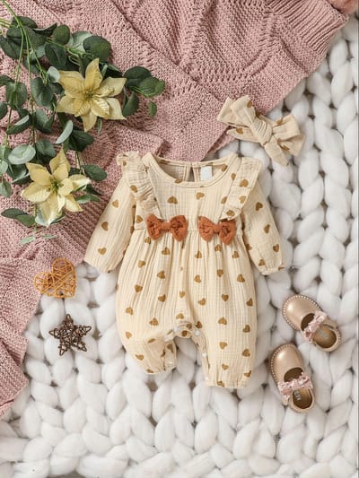 Baby Meisjes Zomer Lange Mouwen Print Liefde Met Strik Voor Casual Dagelijks Katoen Jumpsuit 3-6M gray