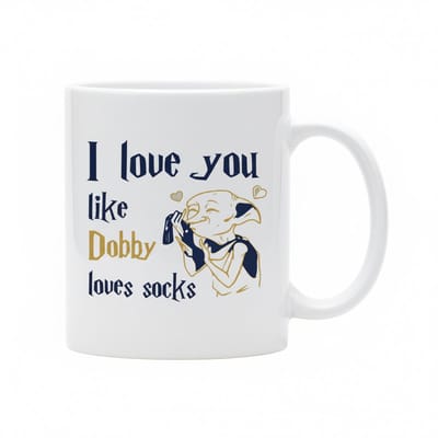 Grappige Liefde Quote Mok “I Love You Like Dobby Loves Socks” – Schattige Fantasy Humor Koffiemok – Witte Keramische Mok 330 ml