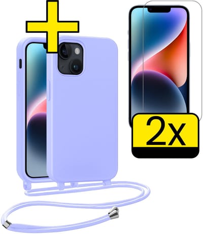 Hoesje Geschikt voor iPhone 13 Mini Hoesje Met Koord Met 2x Screenprotector Siliconen Case - Hoes Geschikt voor iPhone 13 Mini Backcover Met Afneembaar Koord - Lila